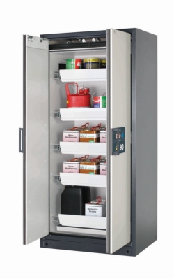 Safety cabinet Q-PEGASUS-90 WDAC with wing doors, front RAL7035, 893x615x1953mm, incl. 5 pull-out shelves