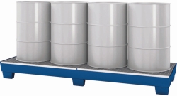 Steel palet sump 260L, for 4 drums painted, with forklift pockets, grid glavanized, 2470x815x250mm