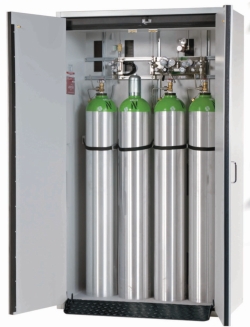 Compressed gas cylinder cabinet type G30 1200x615x2050mm (WxDxH), RAL 7035 incl. mounting rails, bottle holder, rolling ramp