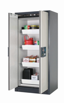 Safety cabinet Q-PEGASUS-90 WDAC with wing doors, front RAL7035, 893x615x1953mm, incl. 4 pull-out shelves