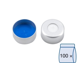 Aluminium crimp cap N 11, silver center hole,Silicone white/PTFE blue,cross-slitted 55° shore A, thickness: 1.5 mm, pack of 100