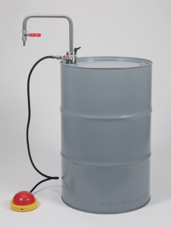 Solvent pump foot operated, with rigid angled tube