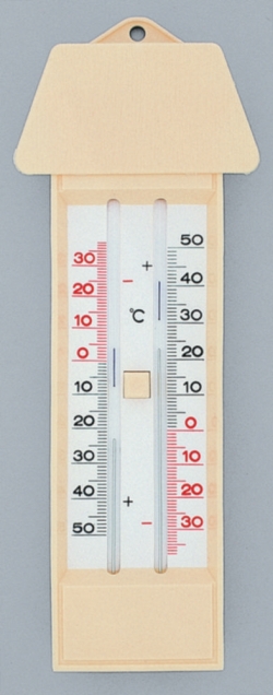 Maxima-Minima-Thermometer nach Six -30...+50:1°C, Plastikgehäuse, elfenbein mit Dach, Druckknopfmagnet, 230 x 90 mm