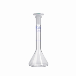 Messkolben, Trapezform, DURAN<sup>®</sup>, Klasse A, blau graduiert, mit PE-Stopfen