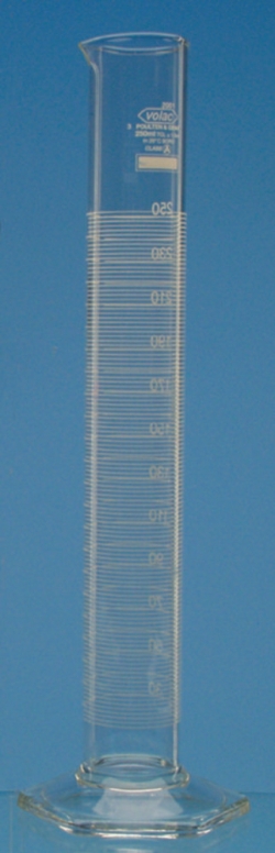 Volac Messzylinder 5ml:0,1ml Klasse A,USP/ASTM, Borosilikatglas, Sechskantfuß Ausguss, weiß grad.,mit Zertifikat