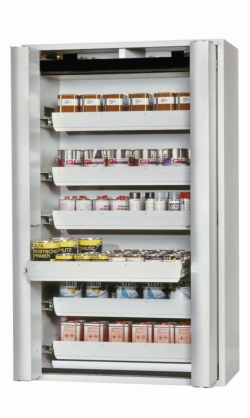 Saftey cabinet S-PHOENIX-90 FDAS 1200 x 615 x 1968 mm (WxDxH), folding doors, incl. 6 pull-out drawers, grey RAL 7035