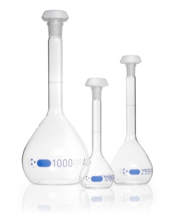 Messkolben DURAN<sup>®</sup>, Klasse A, blau graduiert, inkl. Chargenzertifikat