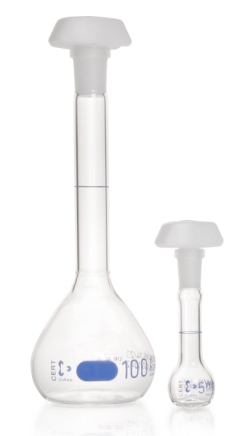 Messkolben DURAN<sup>®</sup>, Klasse A, blau graduiert, inkl. Einzelzertifikat