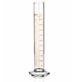 Messzylinder, Borosilikatglas 3.3, hohe Form, Klasse B, braun graduiert