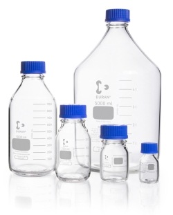 Laborflasche 25000ml, klar, GL 45 mit Schraubverschluss und Ausgie&szlig;ring aus PP (blau)