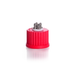 Connection cap system GL 25 red PBT screw-cap with PTFE insert and 4 ports (stainless steel)