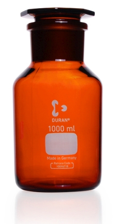 DURAN® bottles, reagent, wide neck, with NS 85/55, amber, with standard ground joint with glass flat-head stopper, 20000 ml