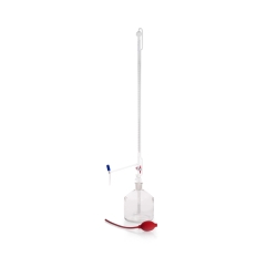 Automatic burette 10 ml acc. Pellet cl. AS, CoC, blue printing, intermediate stopcock, lateral PTFE spindle valve, w. bottle an