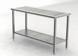 Cleanroom tables with perforated worktop and perforated shelf